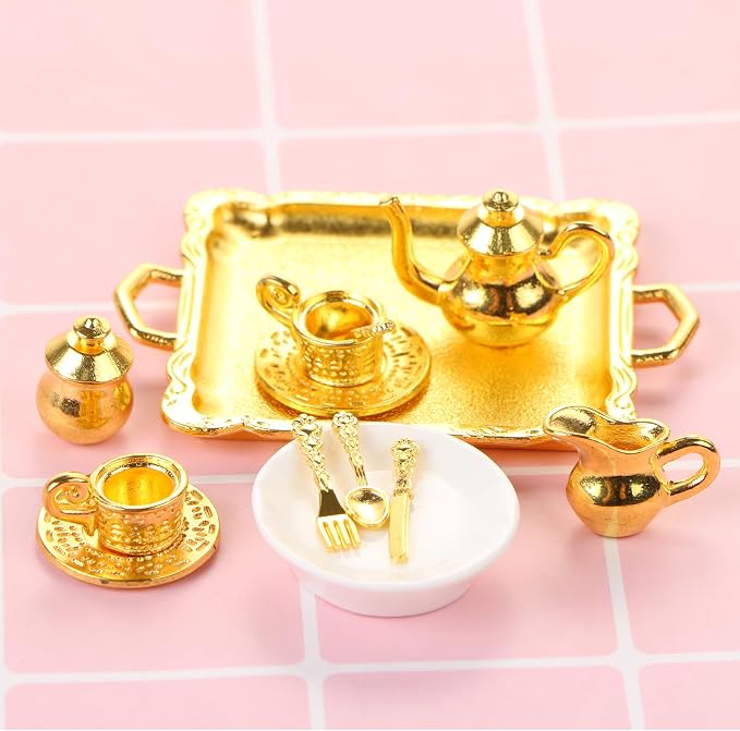 24 Pieces Mini Tea Set Golden Metal Dollhouse Miniatures Tiny Tea Set Mini Doll - Image 3
