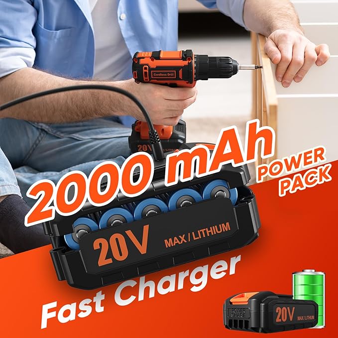 Cordless Drill Set, 20V Power Drill with Power Pack 2.0Ah and Charger, 3/8-Inch Keyless Chuck Electric drill, 25+1 Position, 42pcs Drilldriver Bits/Screws for DIY Projects (Orange)