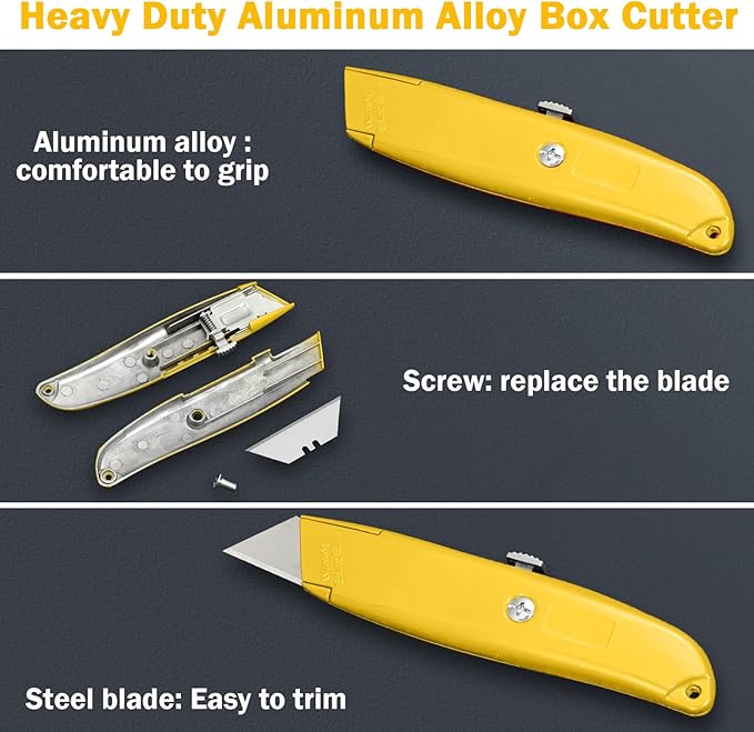 Lasnten 12 Pcs Box Cutter Bulk Retractable Utility Knife Heavy Duty Aluminum Alloy Carpet Knife Package Opener Cutter Blade for Cardboard Plastics Cartons DIY Home Warehouse Office(Yellow)