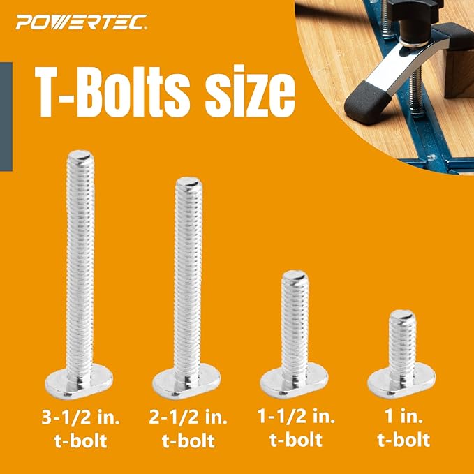 POWERTEC Toggle Clamp and T Track Knob Kit Woodworking Tools for T Track | 4PK, 300 lbs Holding Capacity, 201B Quick Release Horizontal Clamps & Set of 16 T Track Bolts and knobs (72116)