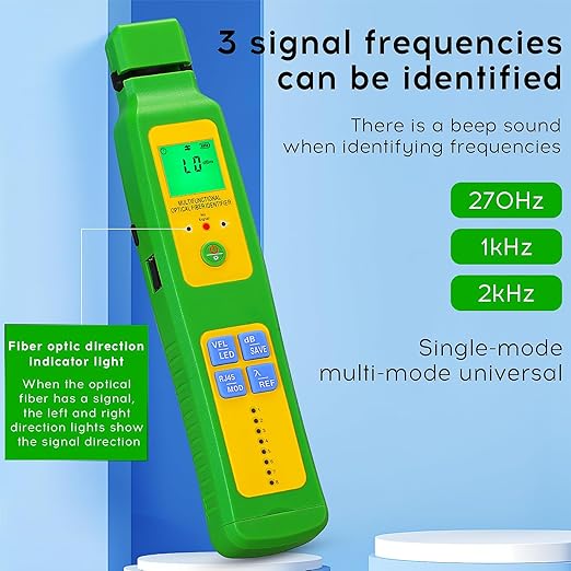 green A-507 Fiber optic identifier 5 in 1 Built in OFI OPM VFL LED RJ45 SC/FC/ST universal interface Optical power meter -70~+10dbm visual fault locator 10KM RJ45 test Cable identifier with LC adapter