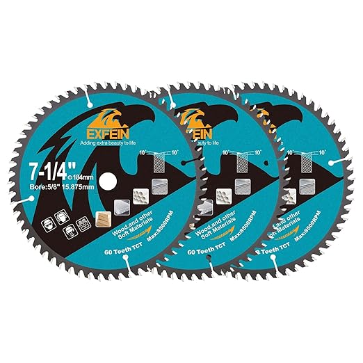 7-1/4 Inch Miter/Table Saw Blades 3pcs, 60 Teeth ATB TCT Fine Finish Wood Cutting Circular Saw Blade with 4/5 Inch Arbor