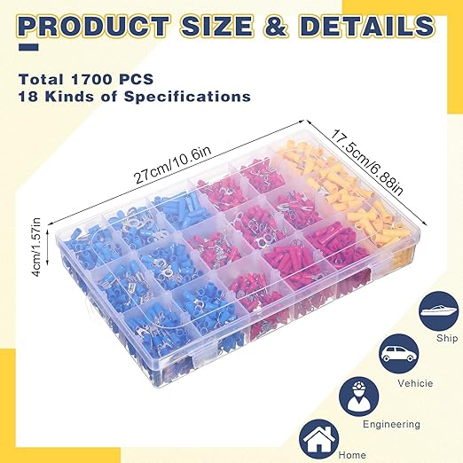 1700 Pcs Electrical Crimp Terminals Mixed Insulated Wire Connectors Assortment Kit Electronic Solderless Spade Connector Quick Disconnect Rings Fork Butt with Storage Box for Home Garage Workshop