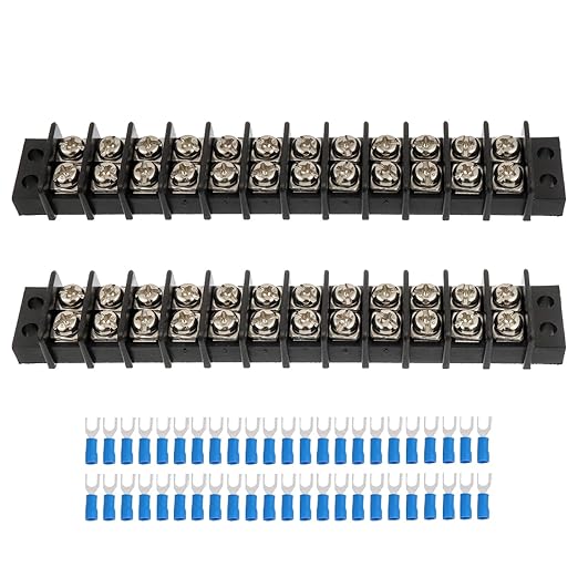 12 Circuits 12 Positions Terminal Block 20-30A 200-450V Dual Row Screw Terminals Strip with 66 PCS Heat Shrink Wire Fork Connectors(Pack of 2pcs)