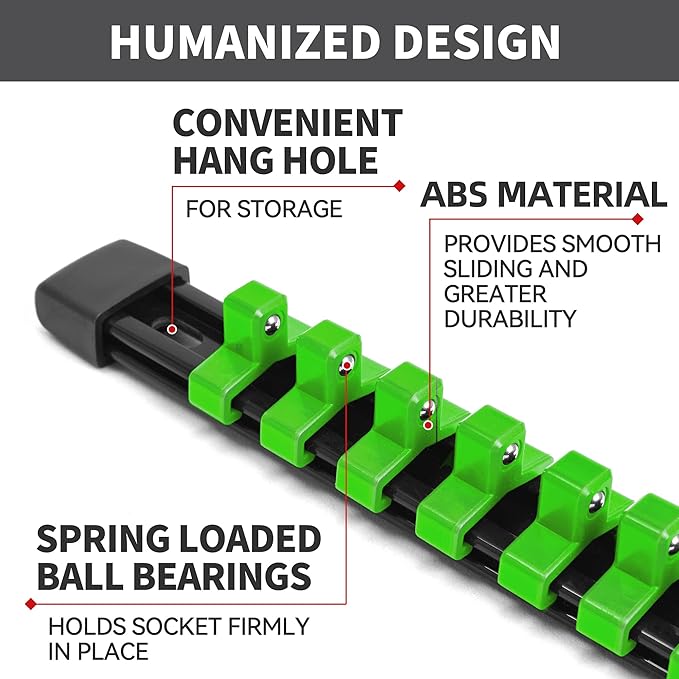 Socket Organizer Drive ABS Tools - Green Socket Holder, Premium Quality 12 Pieces Socket Holders Kit 1/4-Inch x 64 Clips, 3/8-Inch x 60 Clips, 1/2-Inch x 48 Clips（12PC,Green
