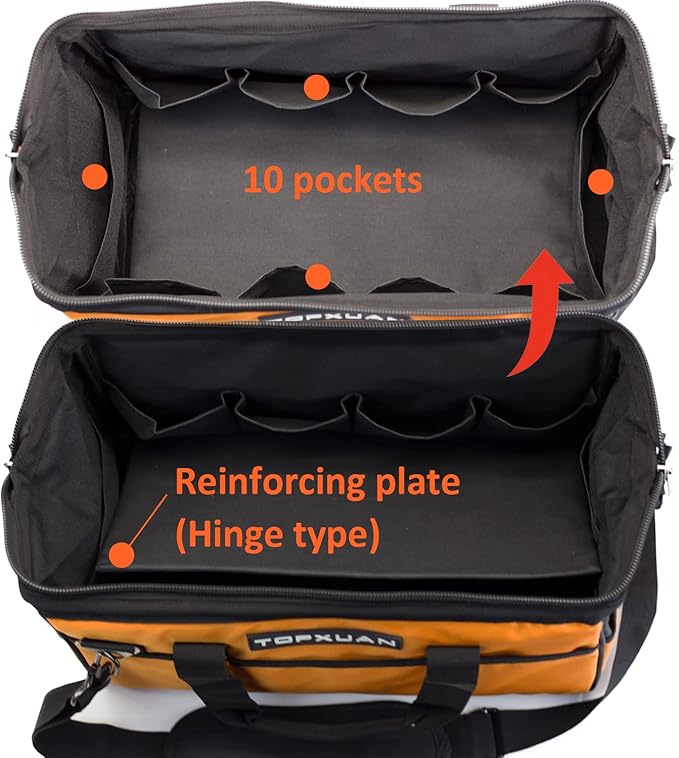 Tool Bag16 Inch Heavy Duty Waterproof Orange Tool Organizer with Wide Mouth and Shoulder Strap for Power and Small Hand Tools Oxford Cloth Fabric (18 Pockets)