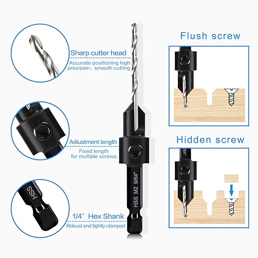 5-pc #12 Countersink Drill Bit Set, 3in1 Woodworking Counterbore Hole Saw Drill Bits, Depth Adjustable 9/64" M2 Pilot Drill Bits, 82-Degree Chamfer, 1/4” Hex Shank, 2 Allen Wrench