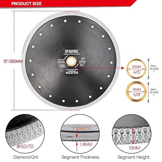 DT-DIATOOL Diamond Tile Blade 10 Inch 2pcs Diamond Turbo X Mesh Rim Segement Circular Saw Blade for Procelain Ceramic Stoneware Marble Granite Fits 5/8"-7/8" Arbor