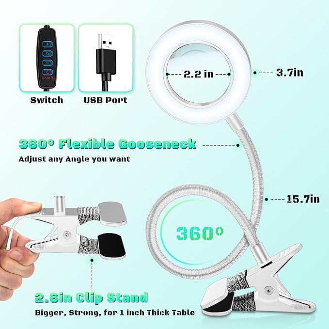10X Magnifying Glass with Light, Clip on Mganifier with Light, 48 LED Desk Lmap - Image 5