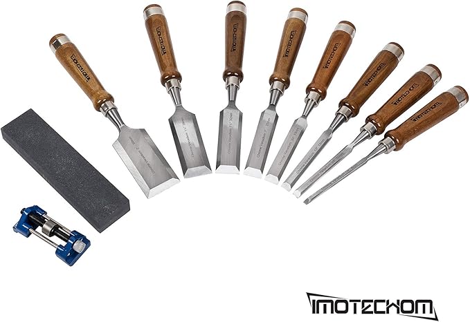 10-Pieces Woodworking Wood Chisel Set with Wooden Box, Honing Guide, Sharpening Stone, Razor Sharp CR-V 60 Steel Blades
