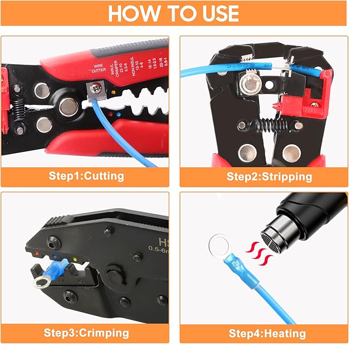 Kuject Crimping Tool Kit, 340 PCS Heat Shrink Wire Connectors(AWG22–10), 3-in-1 Adjustable Wire Stripper and Wire Crimper Kit for Automotive, Marine, and Electrical Repairs