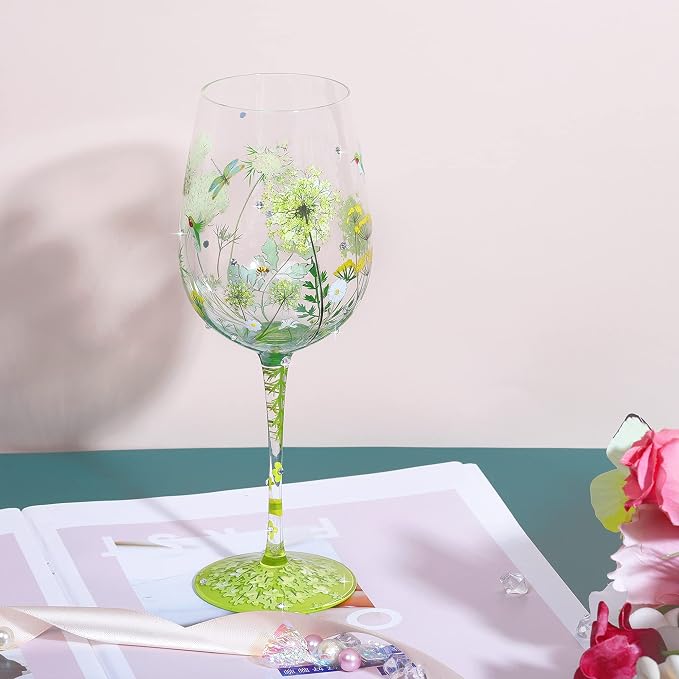 NymphFable Colorful Wine Glass Flower Bird Gragonfly Artisan Painted 15oz - Image 2