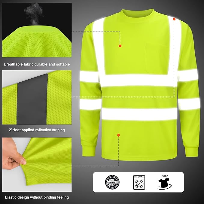 High Visibility Class 3 T Shirts，Hi Vis Safety Shirts with Reflective Strips and Pocket, Long Sleeve Quick Dry Mesh Construction Work Shirt for Men/Women Lime,2XL