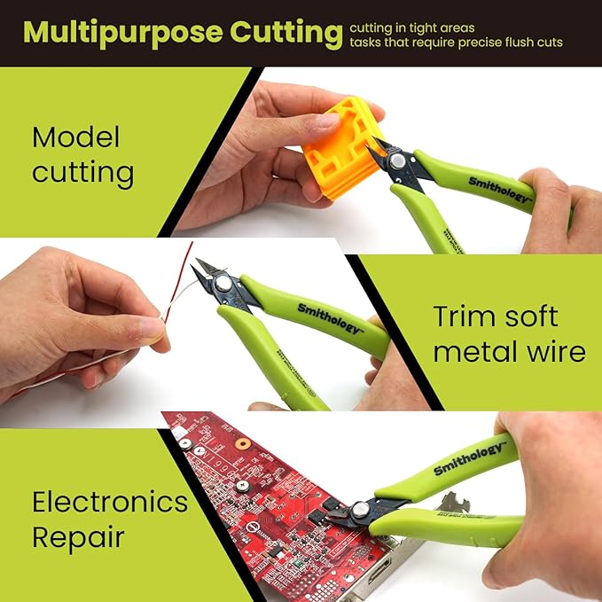 Smithology 4.8” Micro Flush Cutters 3PCS | Made from High Carbon Steel with Hidden Springback Design & Non-Slip Handles for Trimming Metal Wires, Zip Ties, Cables, Circuit Boards, & DIY Projects