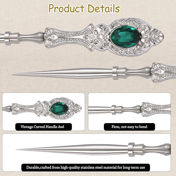 2Pcs Metal Embroidery Awl Set, European Vintage Carved Handle Scratch Awl, Sharp Sewing Awl Tool for Sewing with Storage Cases, Durable and Leather Punch Stitching DIY Craft(Silver)