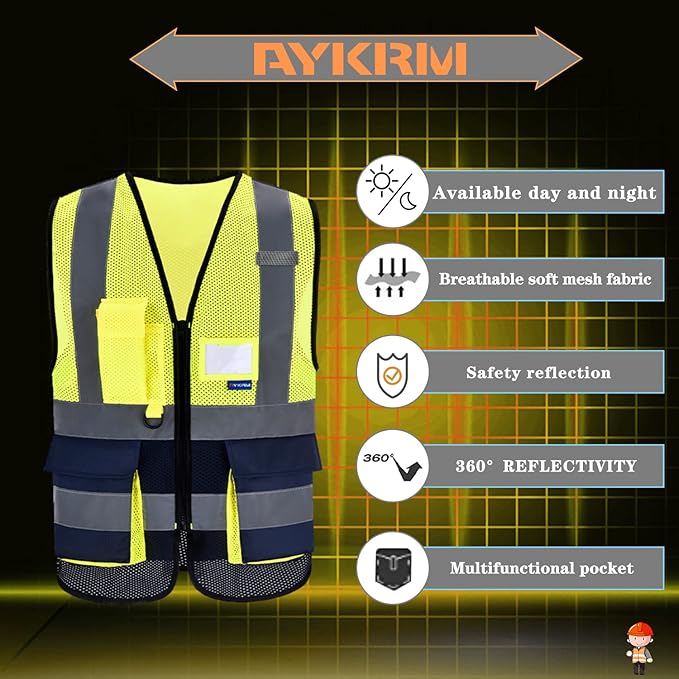 A-SAFETY High Visibility Mesh Safety Reflective Vest with Pockets and Zipper,Hi Vis Viz Reflective Safety Vest(Yellow&Navy Mesh M)