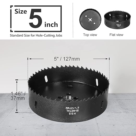 5 Inch Hole Saw with 1/2" Hex Shank Quick Change Arbor, JTemgle Bi-Metal Hole Saw Heavy Duty Hole Cutting Tool for Cornhole Boards, Recessed Lights, Wood, Plastic, Drywall & Soft Metal