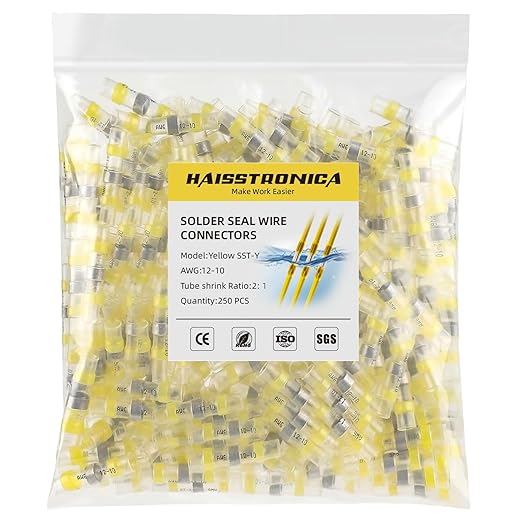 Haisstronica 250PCS Yellow Marine Grade Waterproof Solder Wire Connectors AWG12-10, Heat Shrink Butt Connectors