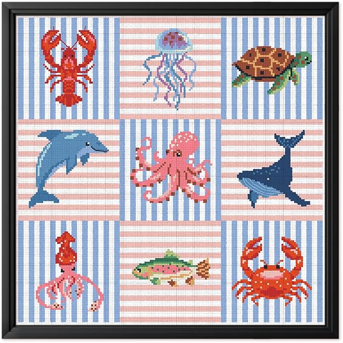 FREEBLOSS 11CT Cross Stitch Kits Striped Sea Animal Stamped Embroidery Kits by FreeandCreativeCraftsArt