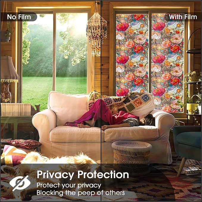 Red Cream Beige Peony Floral Stained Glass Window Films Decorative Double-Side - Image 4