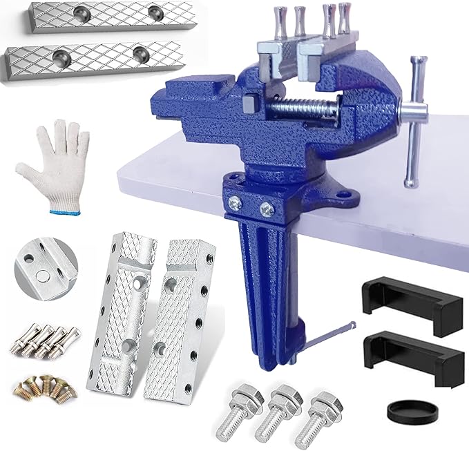 Dual-Purpose Combined Bench Vise or Table Vise, multifunctional jaw, Universal Rotate 360° Work Clamp-On Visewith Quick Adjustment, 3.3" Blue