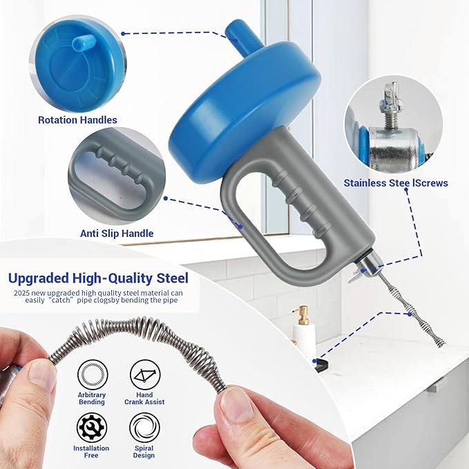33Ft Drain Auger, Flexible Plumbing Snake & Drain Hair Clog Removal Tool with Gloves, Heavy Duty Pipe Snake Drain Unclogger Tool, Snake Auger for Bathroom Shower Kitchen Sink and Tub