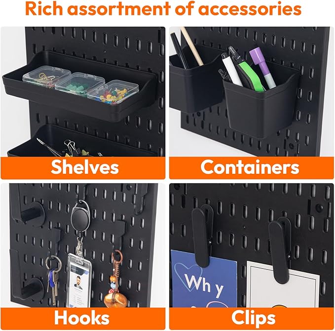 4Pcs Black Peg Board Wall Organizer, Plastic Pegboard Panel, Garage Storage Tool Organizer for Wall, Craft Room, Kitchen, Workshop, Office, Includes Hooks and Bins