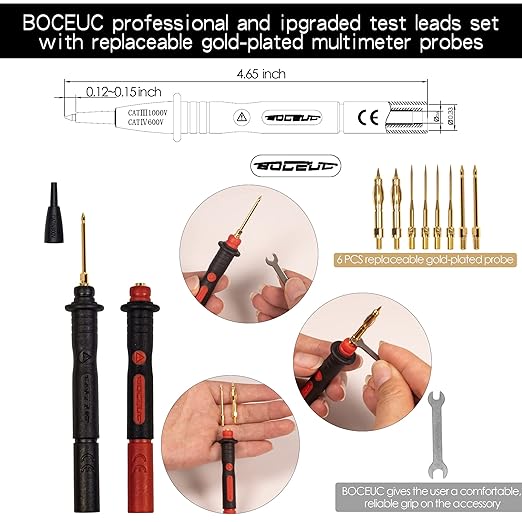 Multimeter Silicone Leads Electrician Test Leads Kit CAT III 1000V&CAT IV 600V with Alligator Clips Test Hooks and Needle Back Probe Pins for Fluke, AstroAI, INNOVA