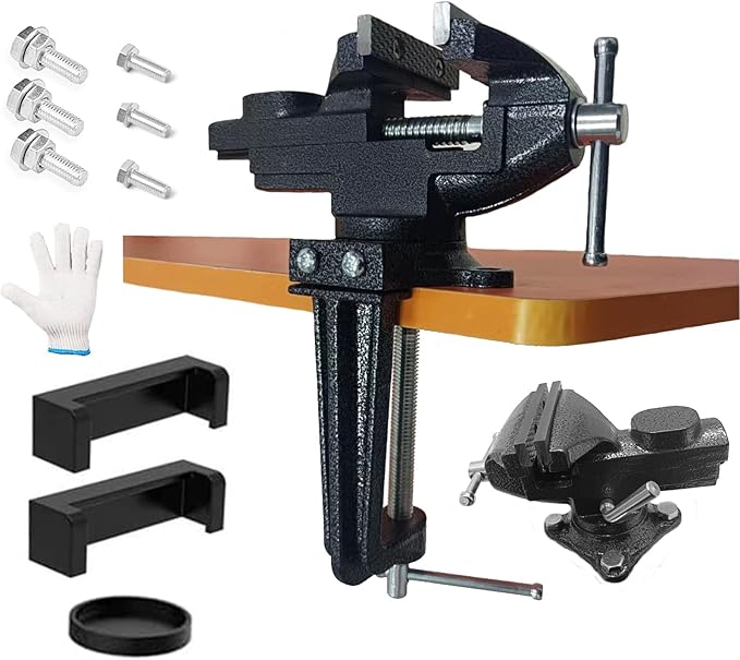 2-in-1 Dual-Purpose Combined Bench Vise or Table Vise, With end-point locking device，Portable Universal Rotate 360° Work Clamp-On Vise, 3.2" Black