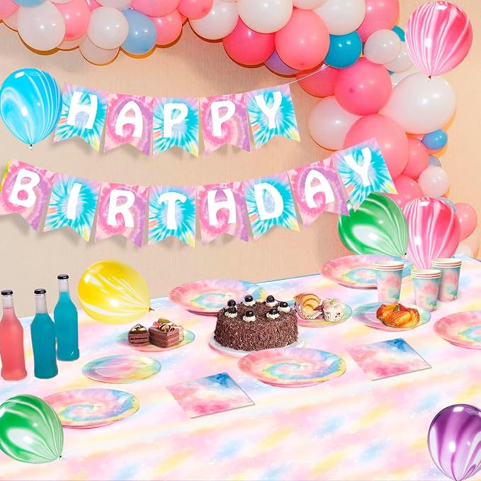 Tie Dye Birthday Party Supplies, 16 Guests Tie Dye Party Tableware Set Colorful - Image 4