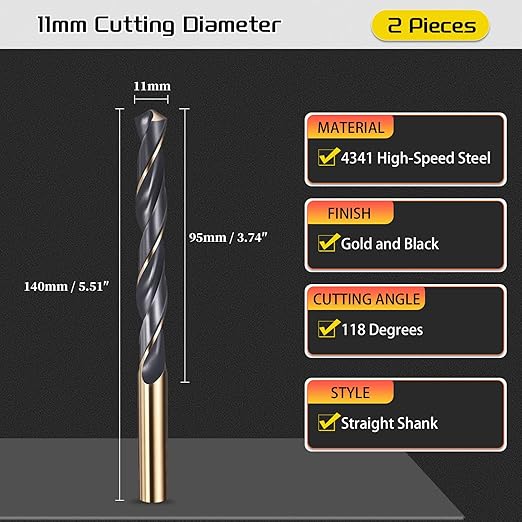 Drill Bit, 11mm Cutting Diameter, 4341 HSS Gold and Black 118° Cutting Angle Number Jobber Bits - (Applications: for Drilling Soft Metal Plastic Wood), 2-Pieces
