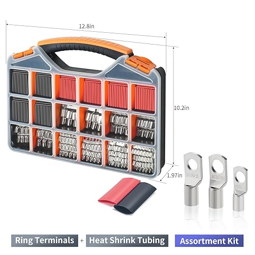 180Pcs AWG2 4 6 8 10 12 Thickened Tinned Copper Electric Wire Lugs，Heavy Duty Battery Cable Lug Ends Ring Terminal Connectors，240Pcs 3:1 Heat Shrink Tubing Assortment Kit (420Pcs)