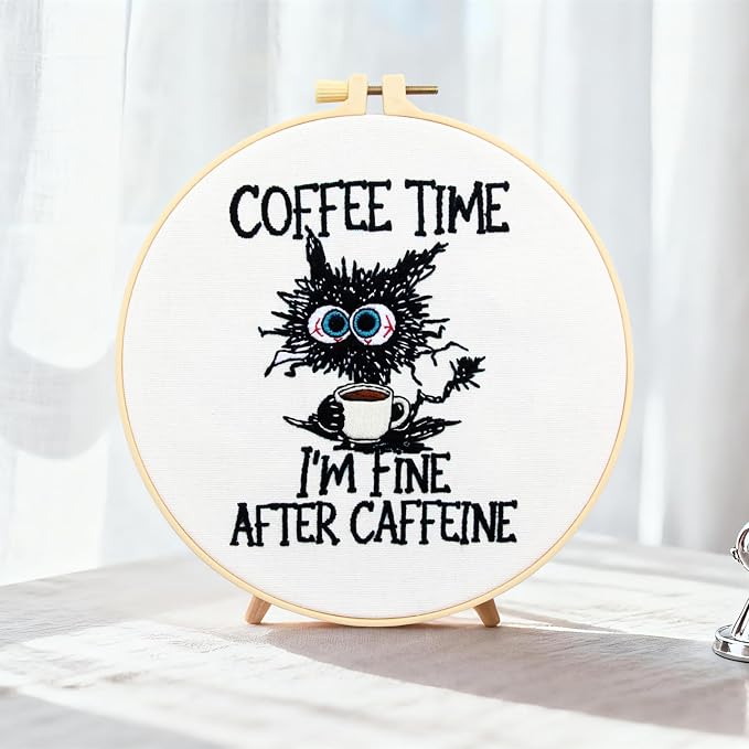 Cute Cat Embroidery Kits for Beginners Adults, Coffee Hand Embroidery Starter - Image 7