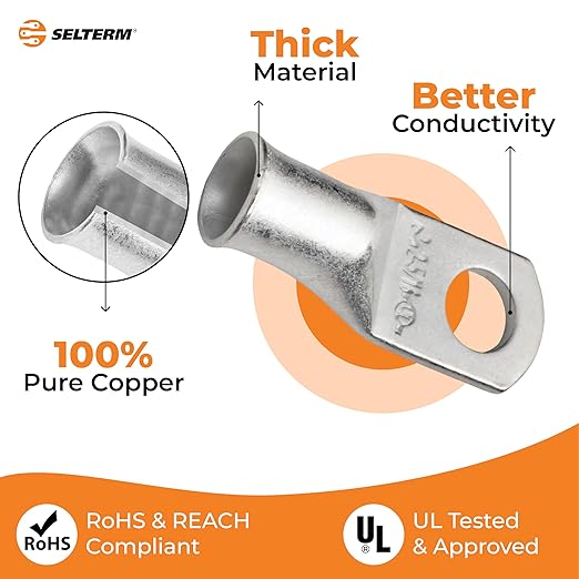 SELTERM 25pcs 2 AWG 5/16" Stud Marine Grade Tinned Copper Battery Cable Lugs, 2 Gauge Ring Terminals, UL Wire Lugs Electrical Battery Cable Ends, Tinned Copper Lugs Battery Terminal Connectors