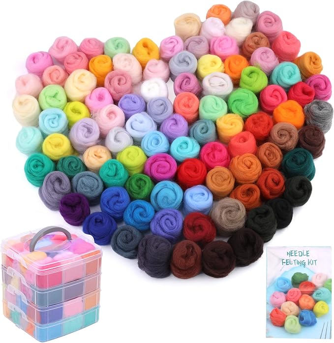 JUPEAN 96Pcs Needle Felting Wool 10.4 oz Wool Roving Yarn Needle Felting Kit by Jupean