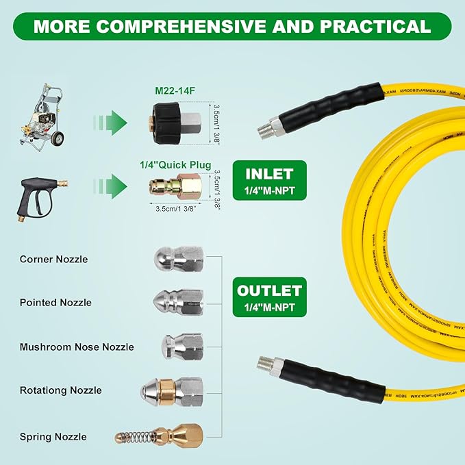 Sewer Jetter Kit for Pressure Washer,Water Jet Drain Cleaning Hose with Corner Rotating Button Spring Nose 1/4" NPT Sewer Cleaning Tool High-Pressure Nozzles,5800 PSI 50 FT