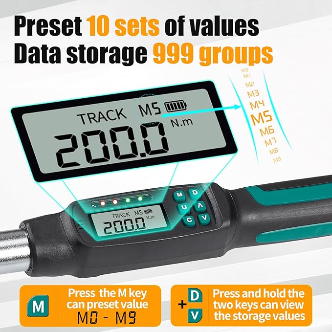 1/2" Drive Digital Torque Wrench with 10-200Nm (7.4-147ft-lb) Range, ±2% Calibrated Accuracy, Smart LED & Buzzer Duo-Alert, and Memory Function for Reliable Automotive, Car, and Truck Lug Nuts