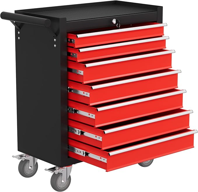 Rolling Tool Chest with Drawers, 7 Drawers Tool Chests & Cabinets, Metal Toolbox with Wheels, Lockable Storage Cabinet, Garage Tool Box with Drawers (BlackRed, 7 Drawers)