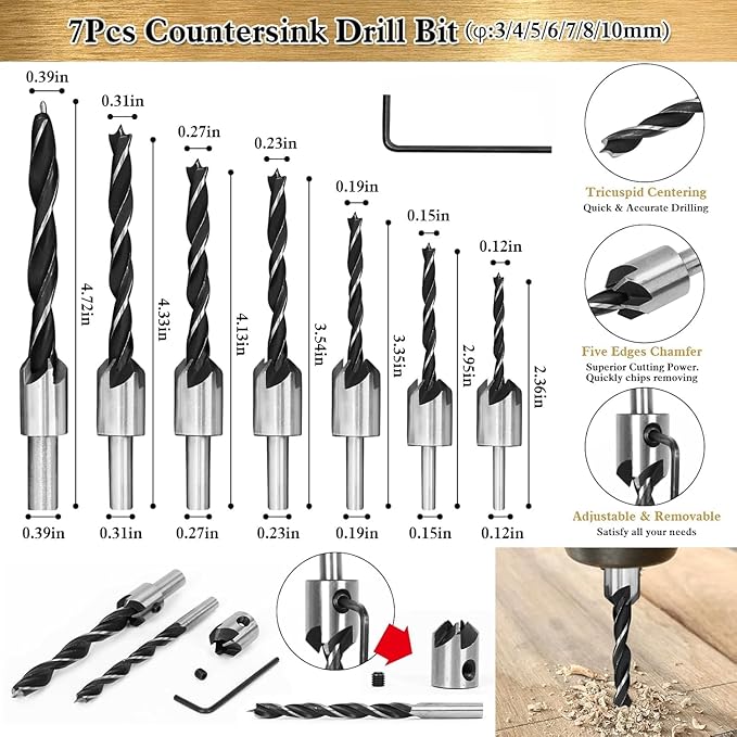 LAMPTOP 26-Pack Woodworking Tools and Accessories Including Countersink Drill Bits, 3-Pointed Countersink Drill Bit with L-Wrench, Wood Plug Cutter, Step Drill Bit, and Automatic Center Punch