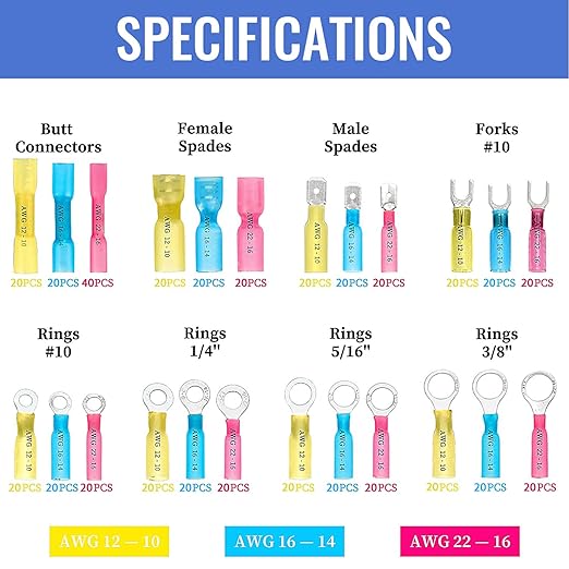 500 PCS Heat Shrink Wire Connectors Qibaok Insulated Electrical Terminals Kit Waterproof Marine Crimp Connector Assortment Ring Fork Spade Butt Splices