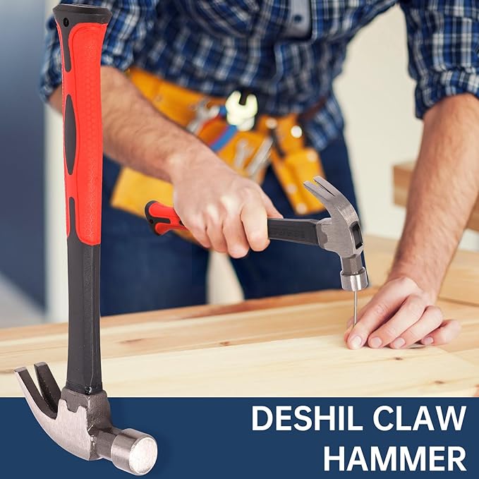 8OZ Claw Hammer with Fiberglass Handle, Drop Forged Claw Hammer, All Purpose Hammer, Smooth Face, Shock-Absorbing Grip