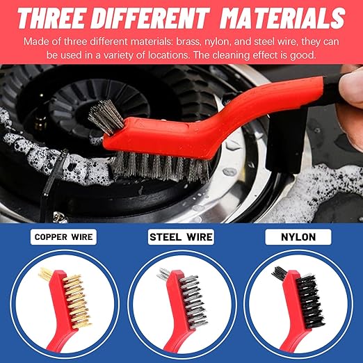 Glarks 10Pcs Wire Scratch Brush Set, Including 5Pcs Wire Wheel Cup Brushes, 3Pcs Brass/Nylon/Stainless Steel Brushes with Wood Handle Curved Grip, 2Pcs Stainless and Carbon Steel Wire Brush