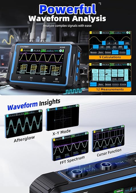【FNRSI 2C53P Plus Upgraded with Carrying CASE】 3in1 Oscilloscope/Multimeter/DDS Signal Generator Tablet Touch Screen Portable Digital Automotive Oscilloscope 2 Channel 50MHz Bandwidth 250Ms/S Counts
