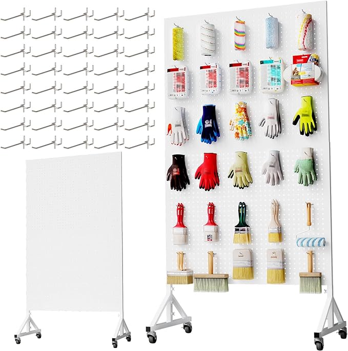 Metal Pegboard Display Stand 3.5 x 5.5 Feet, Adjustable Height with 40 Peg Board Hooks and Wheels, Pegboard Display Rack, Craft Display Rack, Retail Display Rack, Garage Peg Board, Pegboard