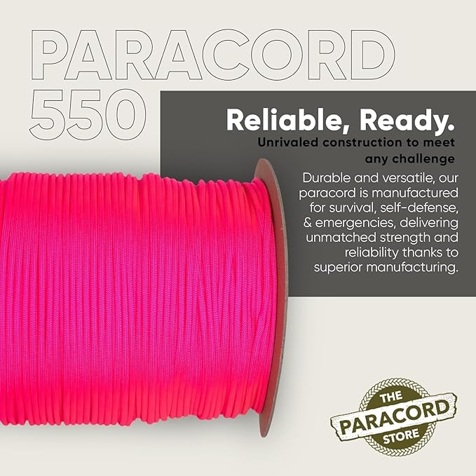 The Paracord Store | Type III 550 Paracord - 250 FT Spool, Neon Pink | Heavy Duty 7 Strand Tactical Paracord - USA Made Nylon Outdoor Parachute Cord for Camping, Fishing & More - Survival Cord