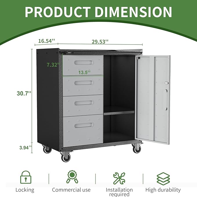 Metal Mobile Tool Storage Cabinet with Wheels,Heavy Duty Rolling Tool Cabinets for Garage,Metal Storage Cabinets with 4 Drawer and 1 Locking Doors,Assembly Required