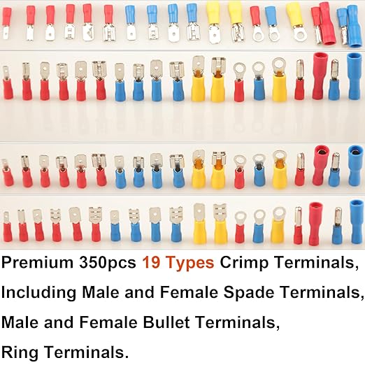 350pcs 19 Types Crimp Connectors, 2.8mm, 4.8mm, 6.3mm Male and Female Spade Terminals, Copper, Red, Blue, Yellow