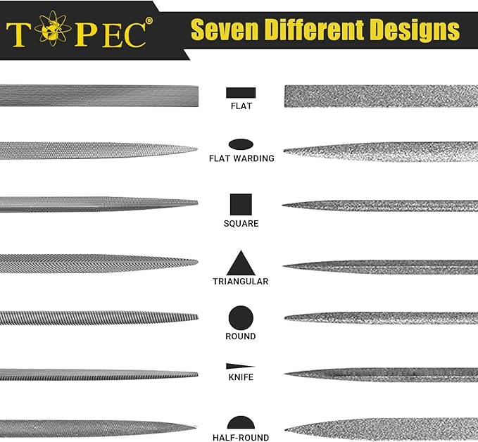 Topec Small File Set, Needle Diamond Files 15PCS, 7pcs Jewlers Files & 7pcs Steel Files with Metal Brush and Storage Bag，for Precision Metal File Work, Wood, Jewelry, Plastic, DIY Carving Tool Kit