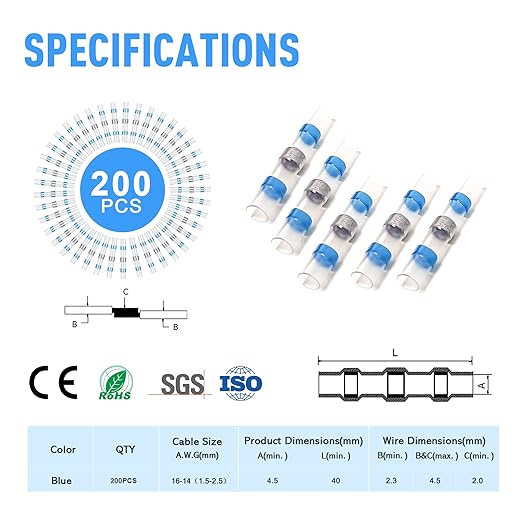 Kuject 200PCS Solder Seal Heat Shrink Wire Connectors AWG 16-14, Blue Butt Connectors Waterproof Splice for Marine, Automotive, Boat