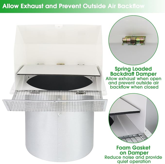 6 Inch Hooded Wall Vent with Screen and Damper,Wall Exhaust Vent Cover Cap,Dryer Vent Cover Outside,External Extractor Wall Vent Hood for House Kitchen Range Hood Air Ventilation,Galvanized Steel,Whit